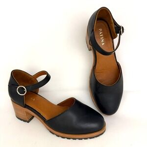 Patina by Portland Leather Black Leather Mary Jane Block Heel Sandals Shoes 7.5